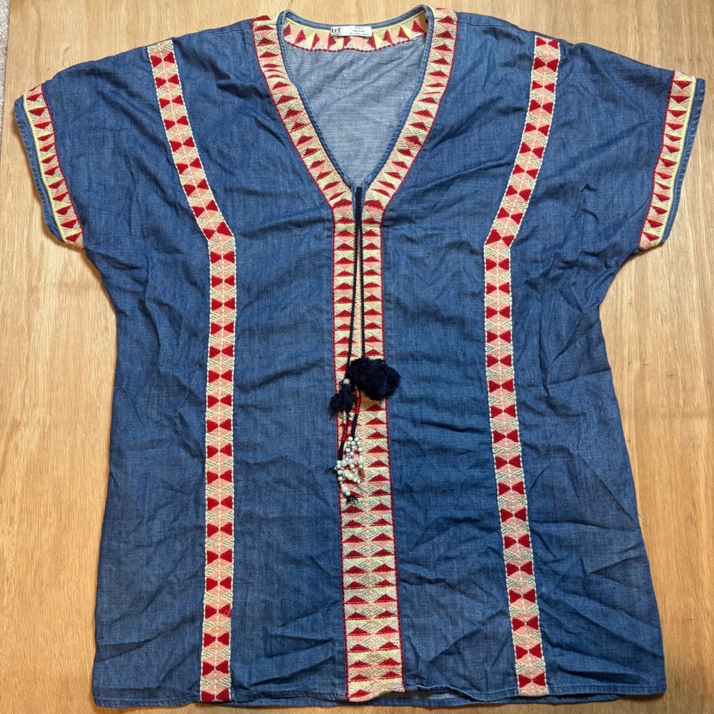 Zara TRF Denim Embroidered Tunic Top Blue Boho V-Neck Tassel Beaded Large